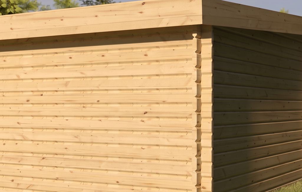 Bohlenwand und Ecke eines Blockbohlenhauses aus Fichte mit Pultdach